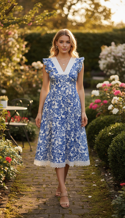 Blue & White Floral V-Neck Maxi Dress