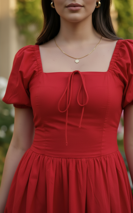 Red Tie up Puff Sleeves Dress