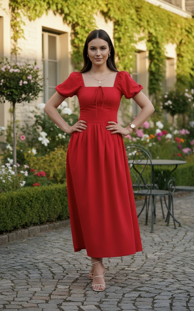 Red Tie up Puff Sleeves Dress