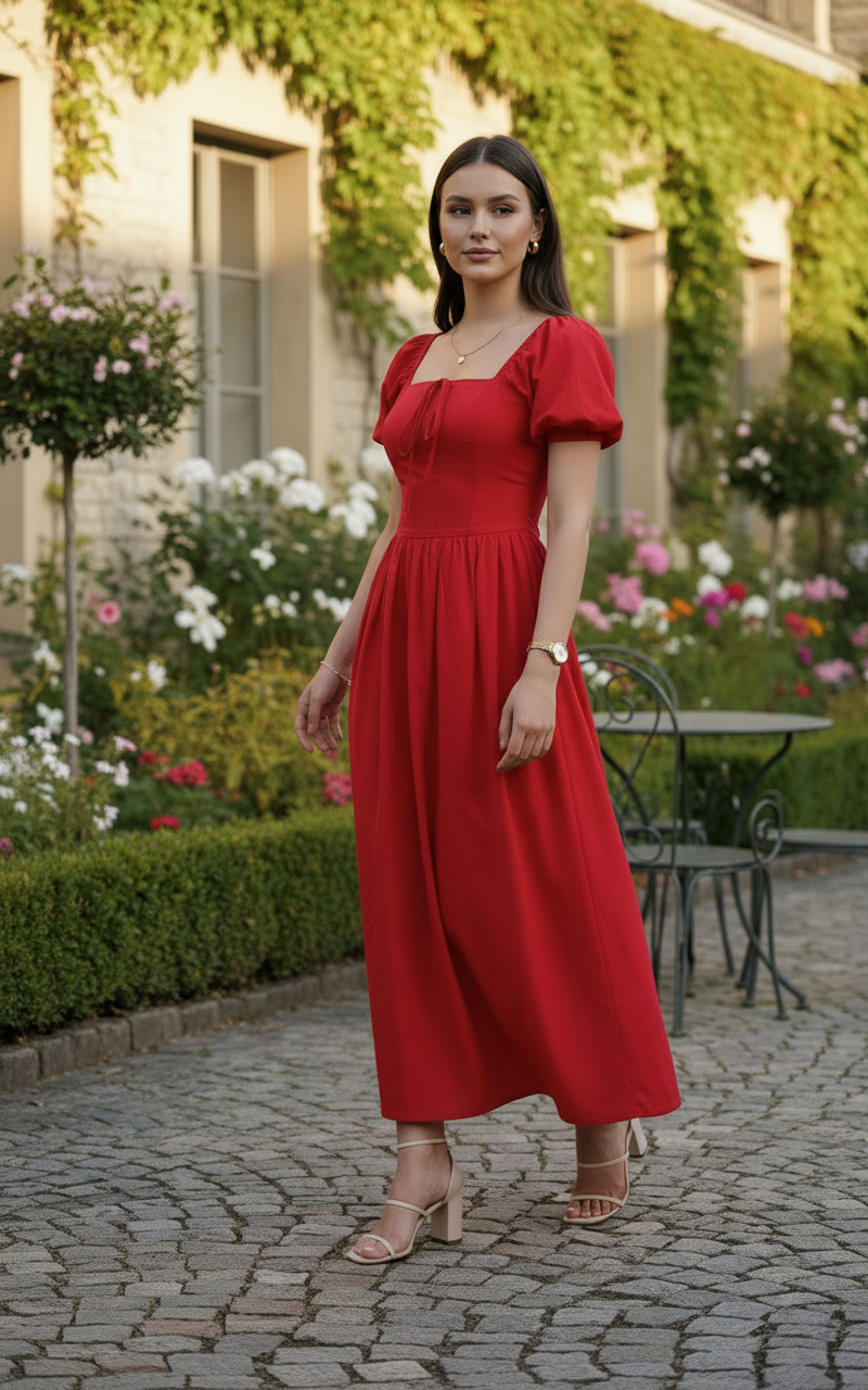 Red Tie up Puff Sleeves Dress