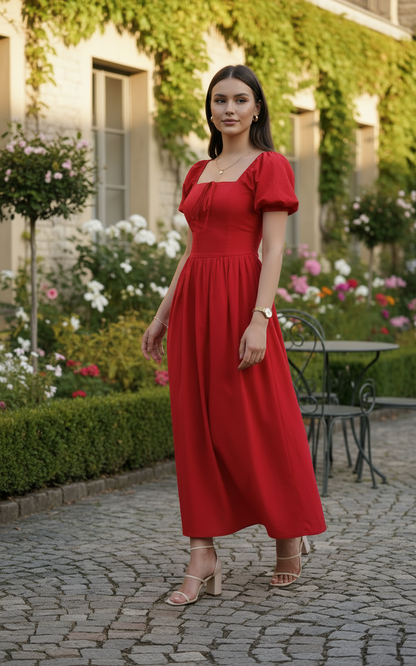 Red Tie up Puff Sleeves Dress