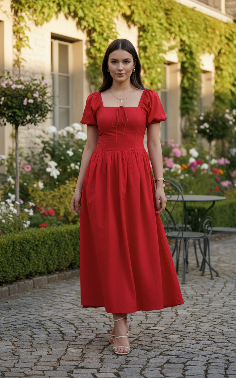 Red Tie up Puff Sleeves Dress