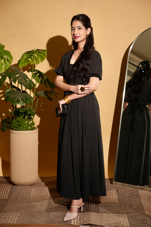 Noir Charm Polka V-Neck Maxi Dress