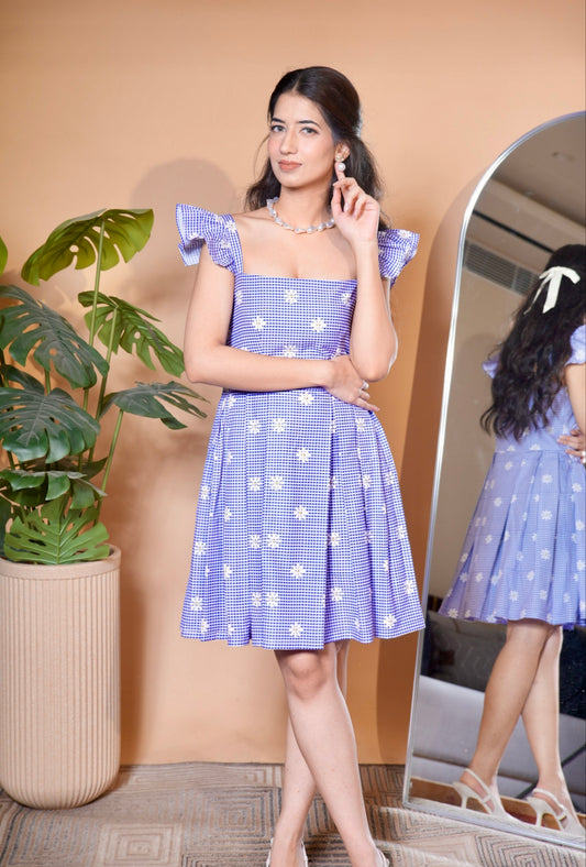 Lavender Bloom Gingham Mini Dress